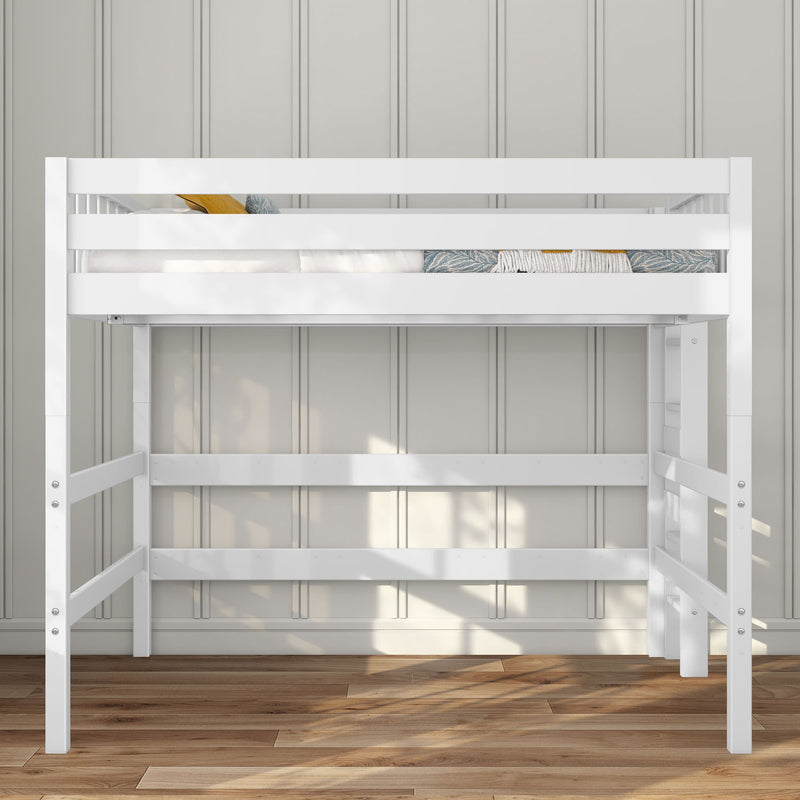 White wooden loft bed frame with guardrails and mattress, space-saving kids' loft bed in modern farmhouse style bedroom on hardwood floor against paneled wall