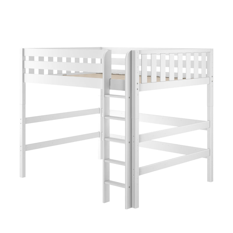 White wooden loft bed with ladder and safety rails, slatted mattress support — space-saving elevated twin bed for kids' rooms or study area