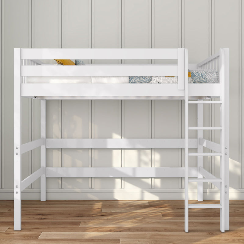 White wooden loft bed with ladder and safety rails — modern space-saving kids single loft bed in bright bedroom with hardwood floor