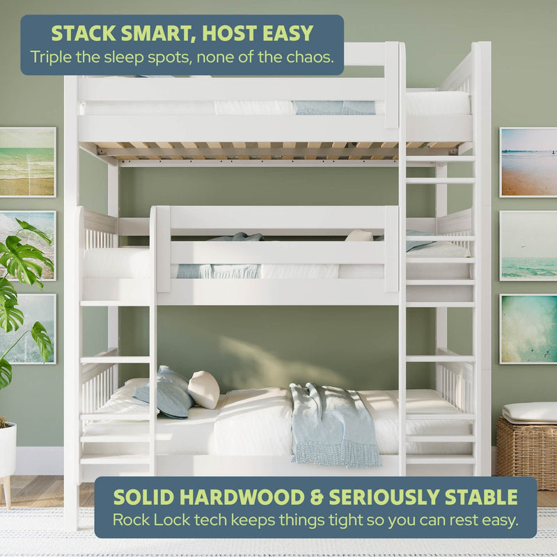 White solid hardwood space-saving triple bunk bed with ladders and guardrails, Rock Lock stability system, styled in a coastal green kids' room with beach wall art