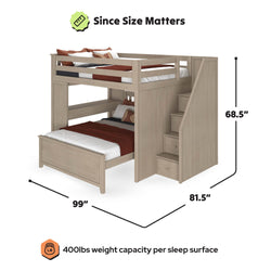 Since Size Matters twin-over-full bunk bed with staircase and built-in storage drawers in light wood finish, space-saving loft bed with guardrails, dimensions 99 in x 81.5 in x 68.5 in, 400 lb weight capacity per sleep surface