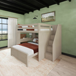 Modern bunk bed with stylish wooden design in a cozy, green bedroom featuring built-in storage steps.