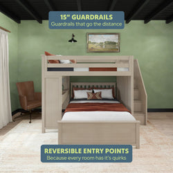 Bunk bed with 15-inch guardrails and reversible entry points in a modern bedroom setting.