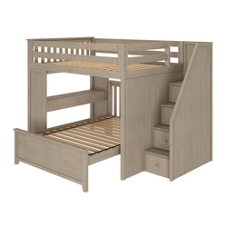 Wooden loft bed with built-in staircase and storage drawers, perfect for maximizing bedroom space.