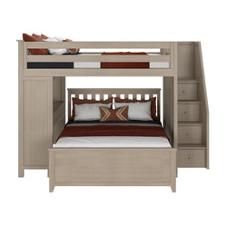 Rustic wooden loft bed with built-in storage stairs and cozy red and white bedding.