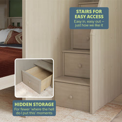 Staircase with built-in storage drawers for easy access and space-saving organization in a modern bedroom.