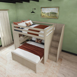 Stylish wooden bunk bed with stairs in a cozy bedroom setting featuring green walls and decorative artwork.