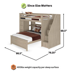 Light wood twin-over-full bunk bed with staircase and built-in storage drawers, modern loft-style bedroom set, 98.5" L x 79.25" W x 68.5" H, 400 lb weight capacity per sleep surface
