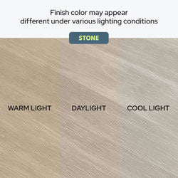 Stone finish color variations under warm light, daylight, and cool light conditions for accurate color representation.