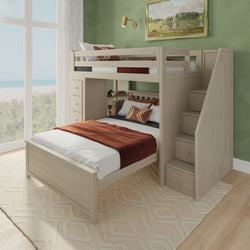 Wooden loft bunk bed with staircase in bright bedroom featuring green walls and beach view window.
