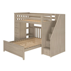 Wooden bunk bed with storage stairs and drawers, ideal for space-saving in children's bedrooms.