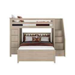 Loft bunk bed with integrated storage drawers and staircase, featuring a modern beige wood finish, ideal for maximizing space in a kids' bedroom.