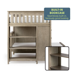 Wooden loft bed with built-in bookcase, featuring ample storage and stylish design.