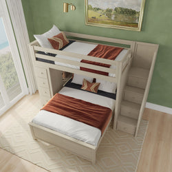 Stylish wooden loft bed with built-in storage and stairs, featuring a comfy double bed, perfect for optimizing small bedroom spaces.