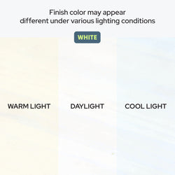 Comparison of white finish color variations under different lighting conditions: warm light, daylight, and cool light.