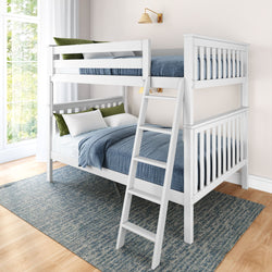 White wooden bunk bed with blue bedding in a bright, modern bedroom featuring natural light from a large window.