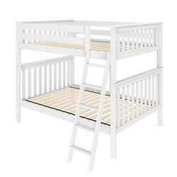 White wooden bunk bed with a ladder for space-saving bedroom furniture solution.