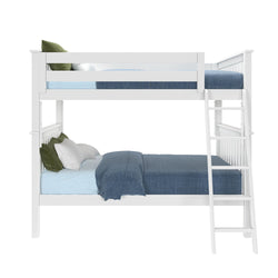 White wooden bunk bed with blue bedding and green pillows, featuring a ladder for easy access.