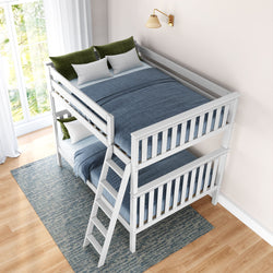 White wooden bunk bed with blue bedding and green pillows in a modern bedroom setting.