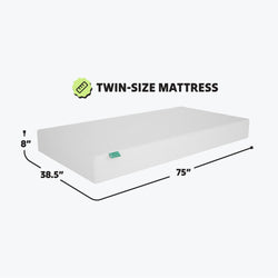 Twin-size mattress with dimensions 38.5 inches by 75 inches, 8 inches thick.