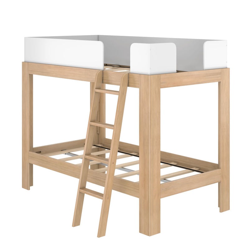 Twin loft bed with ladder and white guard rails, natural wood finish space-saving kids bed in modern Scandinavian style
