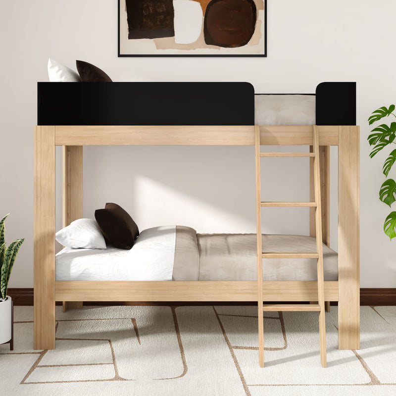 Modern natural wood twin-over-twin bunk bed with ladder in minimalist kids bedroom, neutral bedding and potted plant