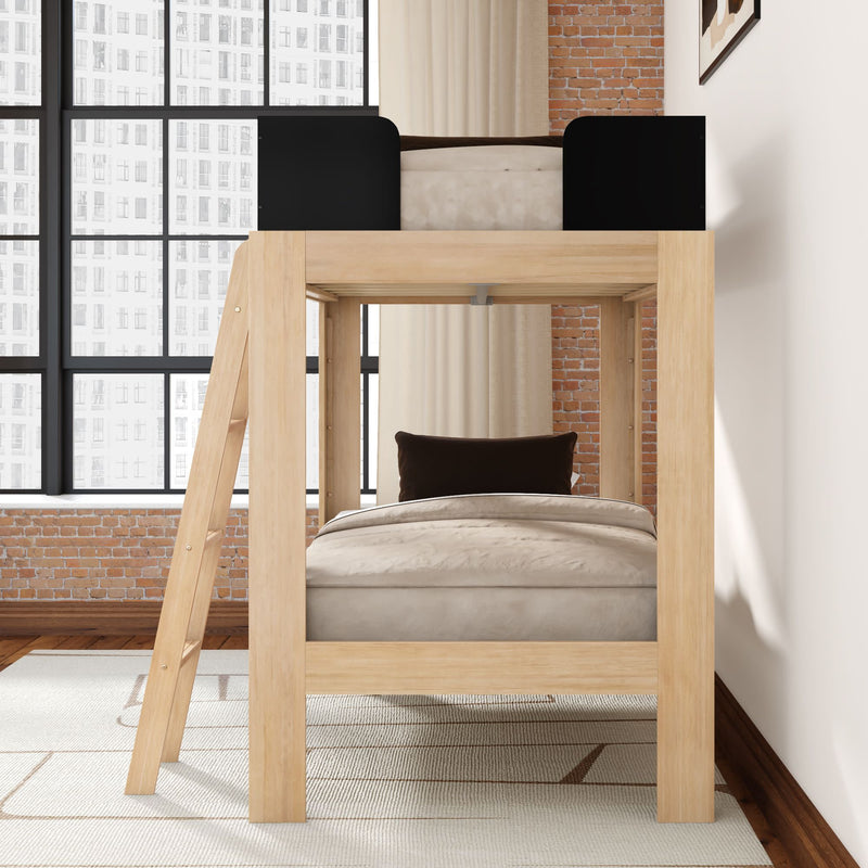 Modern wooden loft bunk bed with ladder, beige bedding and dark pillow in industrial bedroom with exposed brick wall and large grid window