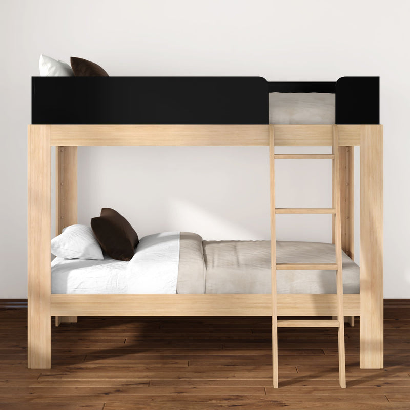 Modern natural wood twin-over-twin bunk bed with ladder, white linens and brown pillows on hardwood floor in minimalist bedroom