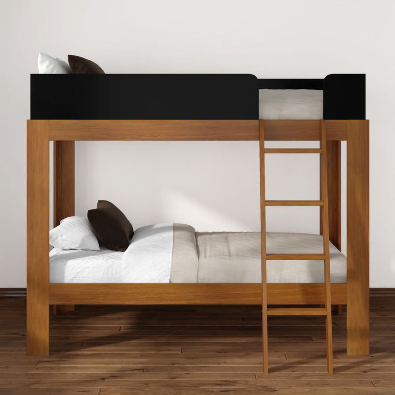 Modern solid wood bunk bed with ladder, white and brown bedding in a minimalist bedroom with hardwood floors
