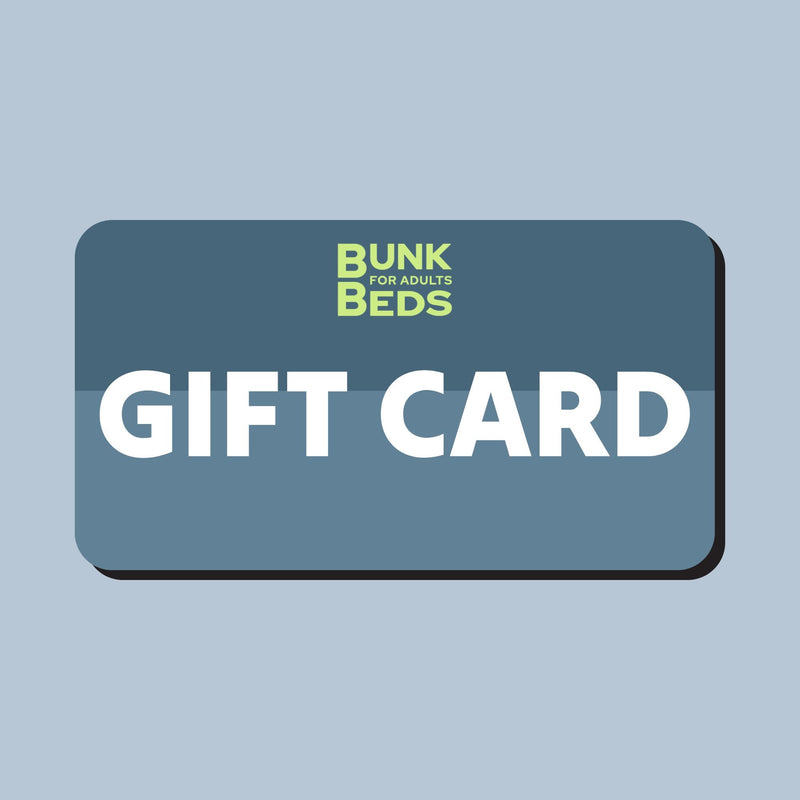Bunk Beds for Adults gift card — blue rectangular card with bold white "GIFT CARD" text, logo at top, rounded corners and shadow on a light blue background