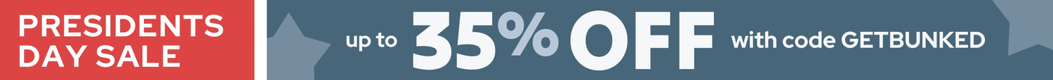Presidents Day sale banner — up to 35% off with promo code GETBUNKED, limited-time discount