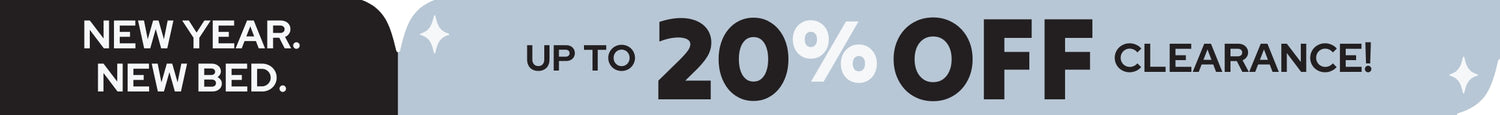 New Year New Bed sale banner — up to 20% off clearance mattresses and beds, limited-time New Year mattress sale and bedding discounts.