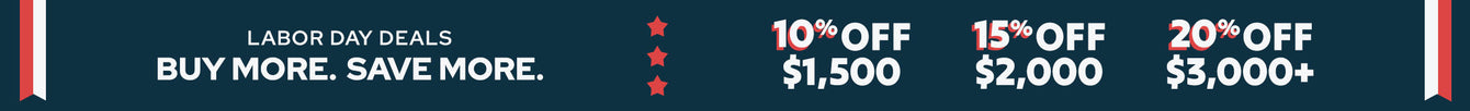 Labor Day sale banner offering savings: 10% off $1,500, 15% off $2,000, and 20% off $3,000 or more, with a blue background and red stars decoration.