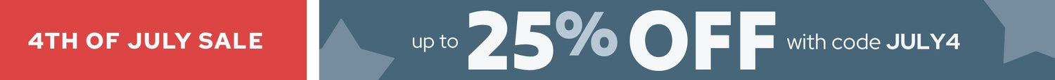 4th of July sale banner — Independence Day discounts up to 25% off with promo code JULY4