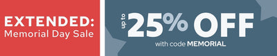 Extended Memorial Day sale banner — up to 25% off with code MEMORIAL; limited-time offer, shop now
