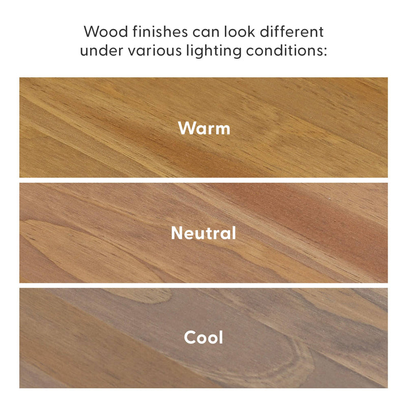 Comparison of wood finishes under different lighting conditions showing warm, neutral, and cool tones.
