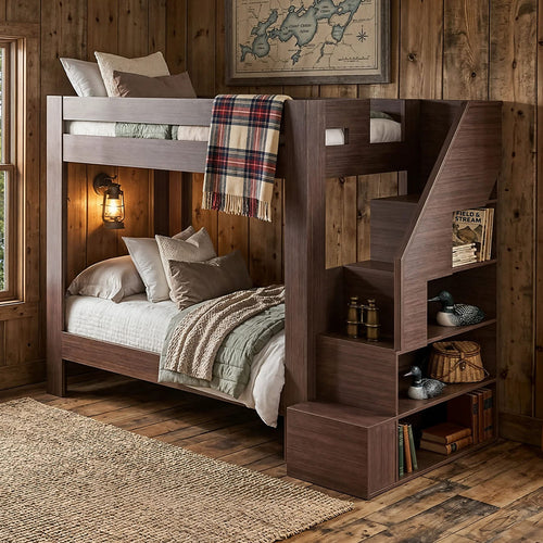 Rustic wooden loft bunk bed with staircase and built-in shelves in cozy cabin bedroom with plaid throw, layered bedding, lantern and wood paneling.