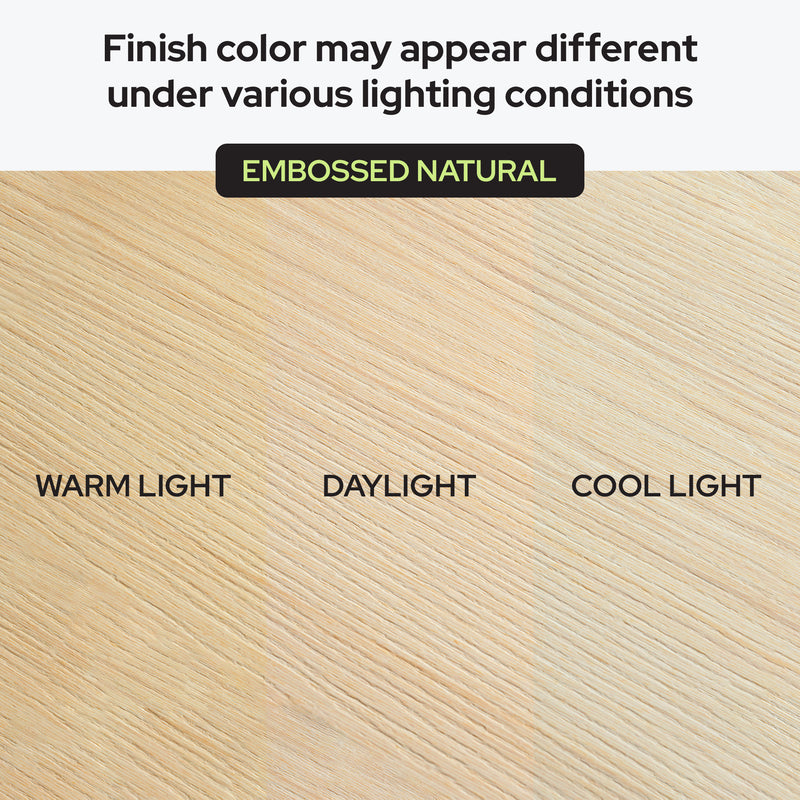Embossed Natural oak wood-look laminate flooring sample showing texture and finish color variation under warm light, daylight, and cool light — finish color may appear different under various lighting conditions
