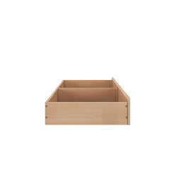 Wooden drawer organizer in natural oak with two compartments on white background — underbed storage box for bedroom, closet or dresser