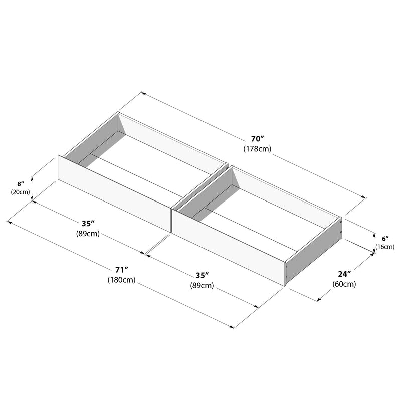 Isometric diagram of two wooden under-bed storage drawers with measurements: each drawer 35" (89 cm) long and 24" (60 cm) deep, drawer heights 8" (20 cm) and 6" (16 cm), total assembly length about 71" (180 cm) — ideal under-bed storage solution.