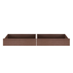 Set of two brown wooden under-bed storage drawers, low-profile walnut-finish bedroom organizers for maximizing under-bed storage
