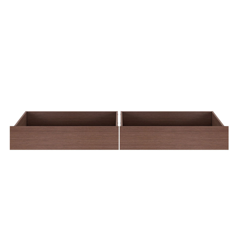 Set of two brown wooden under-bed storage drawers, low-profile walnut-finish bedroom organizers for maximizing under-bed storage