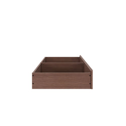 Brown wooden underbed storage drawer with two compartments, low-profile bedroom organizer in oak finish