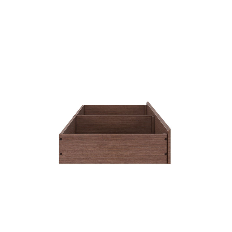 Brown wooden underbed storage drawer with two compartments, low-profile bedroom organizer in oak finish