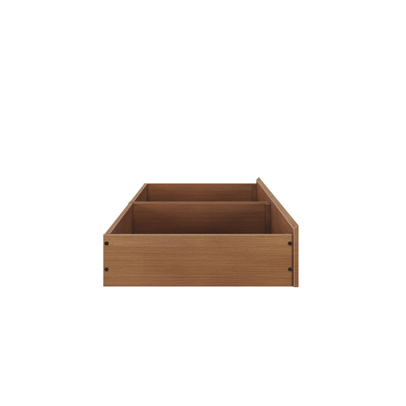 Low-profile two-compartment wooden drawer organizer in oak finish with visible wood grain and black screws, underbed storage box for bedroom organization and clothing storage