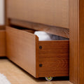 Wood underbed storage drawer on caster wheels for bedroom organization and linen storage