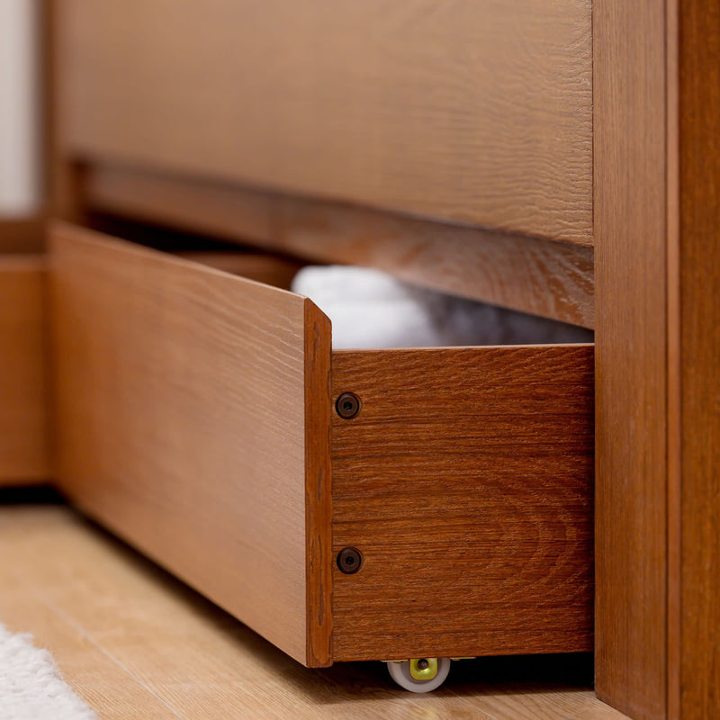 Wood underbed storage drawer on caster wheels for bedroom organization and linen storage