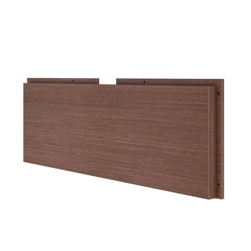 Walnut-finish wall-mounted wooden headboard panel with concealed mounting slots and minimalist rectangular design