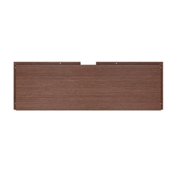 Walnut brown wood headboard panel with horizontal grain, pre-drilled mounting holes and center notch