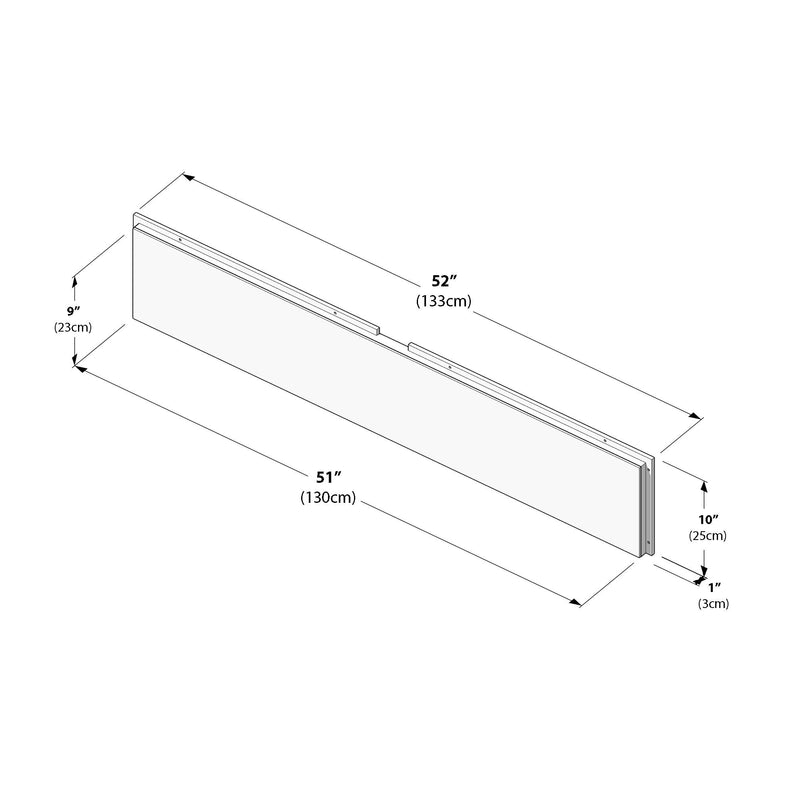 Rectangular wall-mounted panel with mounting brackets — technical drawing showing dimensions 52" (133 cm) length, 51" (130 cm) front panel, 9" (23 cm) height, 10" (25 cm) depth, and 1" (3 cm) thickness.